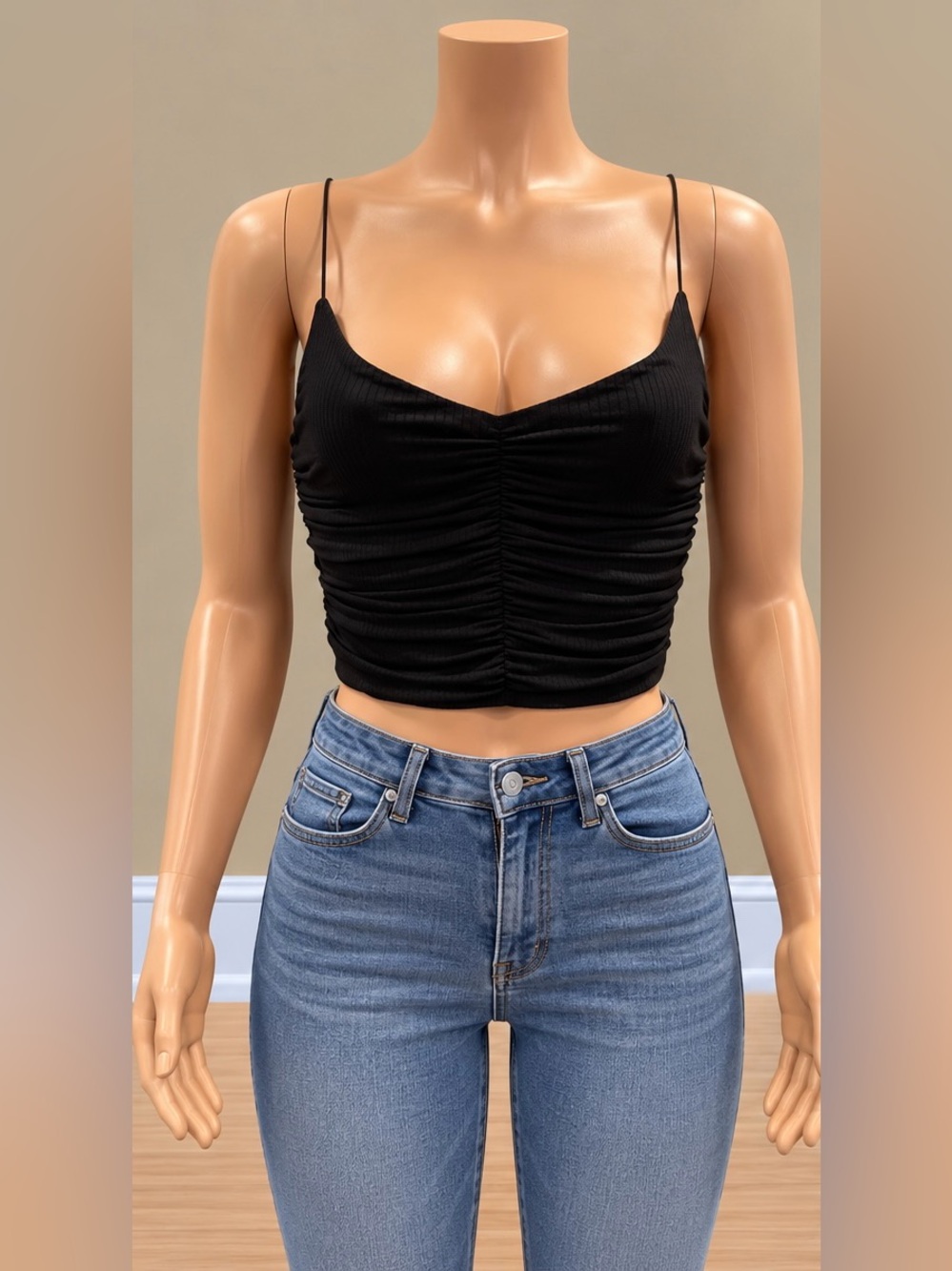 Urban Outfitters Marcie Black Ruched Ribbed V Neck Crop Cami Top Medium NWT